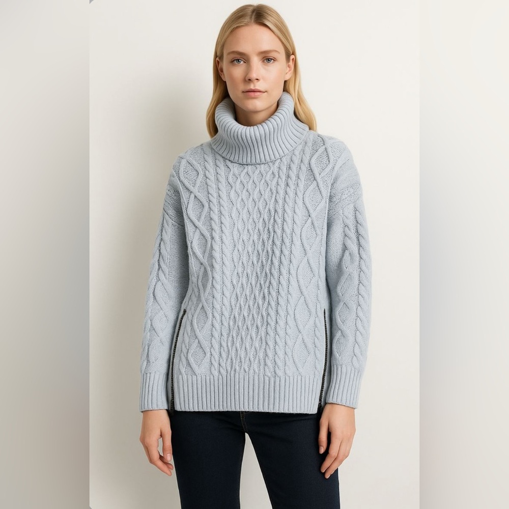 Self-Portrait Light Blue Chunky Knit Oversize Cotton Turtleneck Sweater
